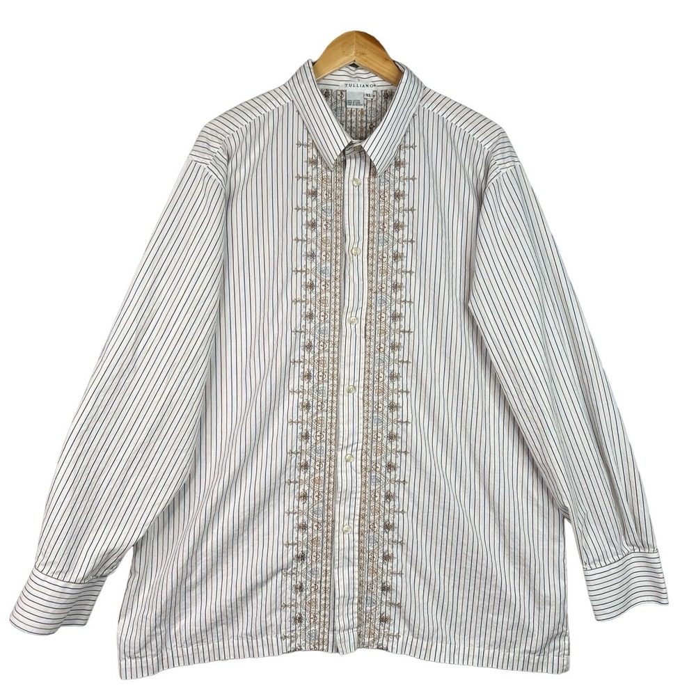 Tulliano Mens Embroidered Stripe Button Down Shirt 100% Cotton Long Sleeve‎